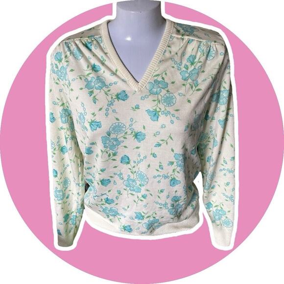 Givenchy Sport Vintage 70s Women’s Spring Cream Sweater Sz L Aqua Flower - Picture 7 of 11